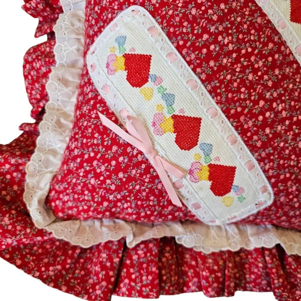 Vintage 80s 90s Carebears Pillow Brave Heart Lion‎ Cross Stitch Ruffle Floral